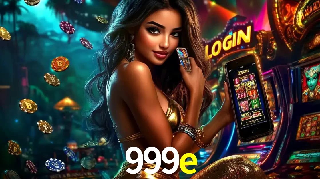 Mulher em um cenário de cassino temático de aventura, mostrando o app de caça-níqueis da 999e no celular. Fichas de apostas flutuam ao redor.