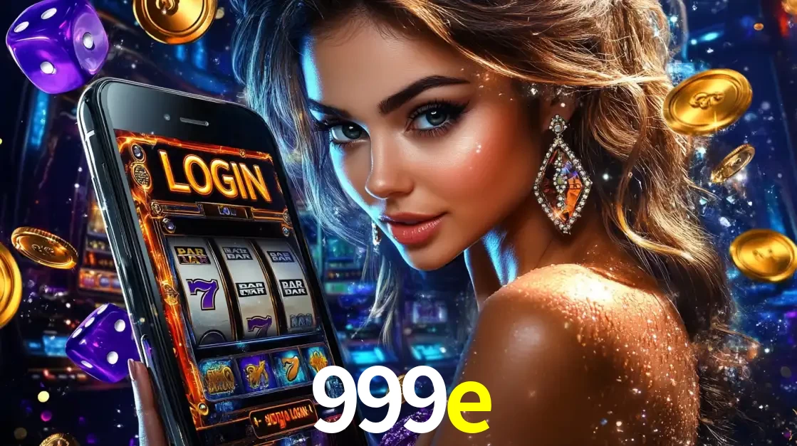 Mulher glamorosa segurando um smartphone com a tela de login para os jogos de caça-níqueis do cassino online 999e, com moedas de ouro e dados ao redor.