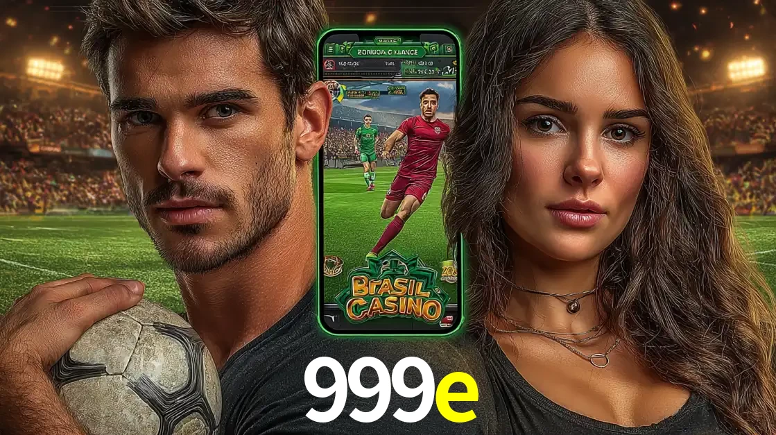 Homem segurando uma bola de futebol e uma mulher ao lado de um smartphone exibindo o jogo de apostas esportivas da 999e. Faça seu palpite no cassino online.